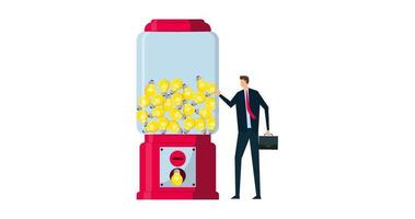4k Business ideas animation. smart businessman with a lot of ideas standing with gumball machine with abundance of light bulb ideas. video