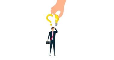 4k animation of decision making and solution, businessman stand with question mark sign then helping hand put half of light bulb lamp for bright solution. video