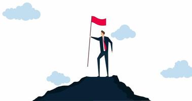 4k animation of Business goal achievement , confidence businessman standing proudly with victory flag on high mountain peak up hill. video