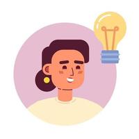 Smiling lady with light bulb semi flat color vector character avatar. Editable icon for profile. Round badge with person on white. Simple cartoon spot illustration for web graphic design, animation