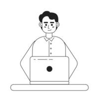 Pleasant man working on laptop monochromatic flat vector character. Linear hand drawn sketch. Editable half body person. Simple black and white spot illustration for web graphic design and animation