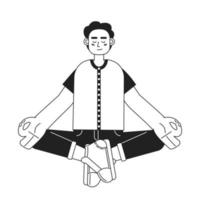 Man in relaxing meditation monochromatic flat vector character. Linear hand drawn sketch. Editable full body person. Simple black and white spot illustration for web graphic design and animation