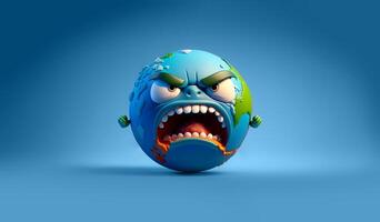 Cartoon character - angry planet earth with eyes on blue background photo