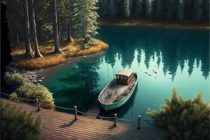 Landscape with lake, boat, forest and wooden deck. AI photo