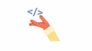 Animated angle brackets on hand. Coding project. Computer programming. 2D cartoon flat character hand 4K video footage on white with alpha channel transparency. Concept animation for web design