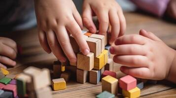 niño mano jugar con de madera cubitos, desarrollo de multa motor habilidades en niños generativo ai foto