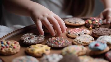 child hand take cookies on table photo