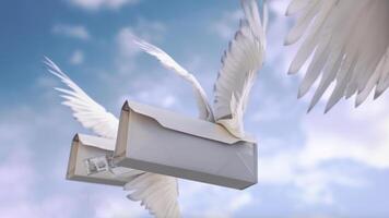 letter with white wings in sky, sending a message messenger in social networks photo