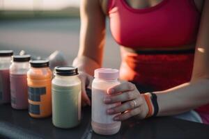 woman and protein sports supplements drink in bottle photo