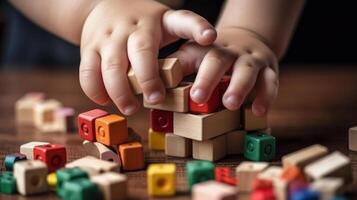 niño mano jugar con de madera cubitos, desarrollo de multa motor habilidades en niños generativo ai foto