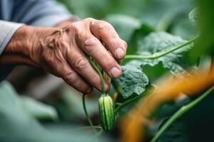 elderly gardener picks cucumbers in his greenhouse photo