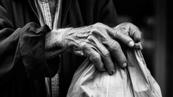 manos de un antiguo mujer con un bolso en mano generativo ai foto