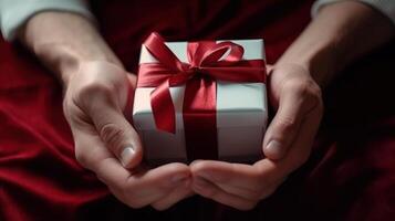 romántico regalo para mujer, masculino manos sostener rojo regalo caja para hembra fiesta día generativo ai foto