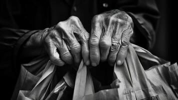 manos de un antiguo mujer con un bolso en mano generativo ai foto