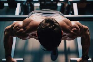 athlete doing push-ups from the floor in the gym photo