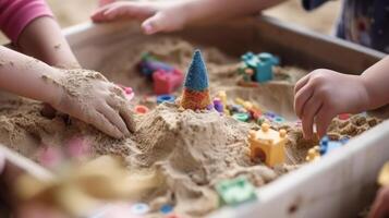 children hands in the sandbox, children play with sand photo