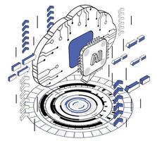 AI Brain, Artificial Intelligence technology futuristic digital, Isometric vector illustration flat design isolated. Outline, Two tone linear style, line art, editable stroke.