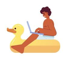 Guy with laptop on duck pool float semi flat color vector character. Digital nomad on inflatable ring. Editable person on white. Simple cartoon spot illustration for web graphic design, animation