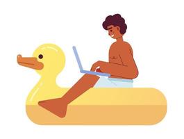 Remote freelancer working from anywhere semi flat color vector character. Man with laptop on duck float. Editable person on white. Simple cartoon spot illustration for web graphic design and animation