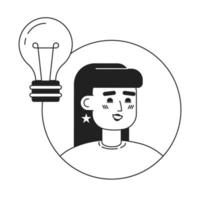 Pretty girl with lightbulb black and white concept vector spot illustration. Editable 2D flat monochrome cartoon character for web design. Brainstorm creative line art idea for website, mobile, blog