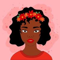 Black woman with flowers on her head. Vector illustration of a black girl with curly hair on an orange background. Poster, postcard with a woman.