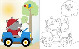 rinoceronte dibujos animados en coche con un pequeño pájaro en el árbol, colorante libro o página vector
