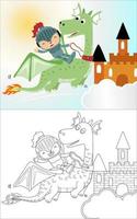 Little knight cartoon riding dragon with a castle on clouds, coloring book or page vector