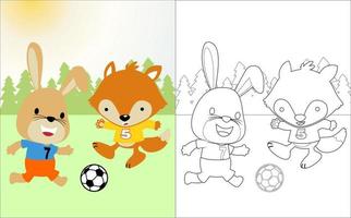 Vector cartoon of rabbit and fox playing soccer on trees background, coloring book or page