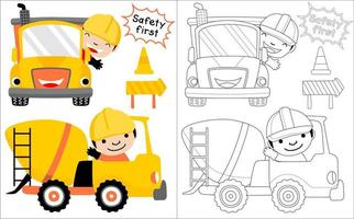 Construction vehicle cartoon with happy worker, coloring book or page vector