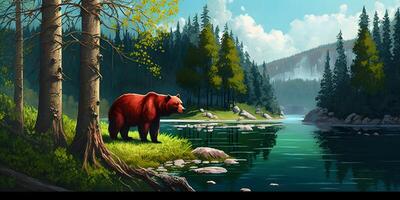 Red bear in the nature beautiful landscape forest and lake photo