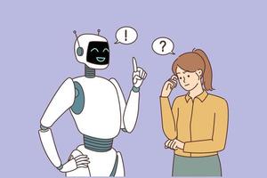 Robot brainstorm find solution help confused young woman wondering about problem solving. Robotic assistant give advise to frustrated female. Vector illustration.