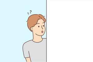 Astonished man look from around corner feel confused and surprised. Amazed guy shocked with information or message. Vector illustration.