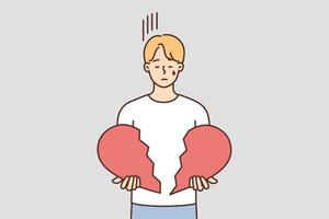 Unhappy young man cry holding broken heart in hands. Upset distressed guy suffer from breakup or separation. Relationship problem. Vector illustration.