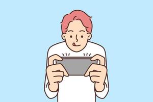 Guy have fun playing video game on cellphone. Addicted small child look at smartphone screen involved in digital reality. Vector illustration.