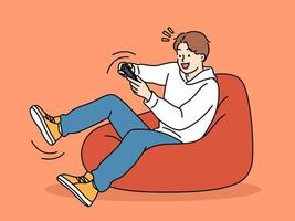 Overjoyed boy relax at home playing video games at home. Smiling child with joystick have fun involved in gaming and virtual reality. Vector illustration.