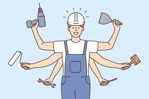 Smiling confident mechanic or repairman in uniform with numerous hands holding tools. Happy male technician show skills in profession. Vector illustration.