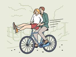 Overjoyed young man and woman ricing bicycle in park together. Smiling couple have fun enjoy bike ride outdoors in summer. Vector illustration.