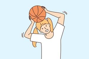 Smiling girl child play basketball on playground. Happy active kid have fun enjoy game with ball outdoors. Children and physical activity. Vector illustration.