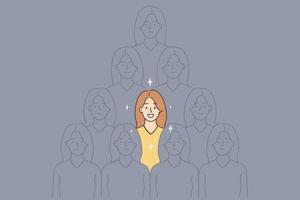 Smiling young woman stand out of grey crowd with unknown faces. Confident successful female feel optimistic and joyful among identical people. Vector illustration.