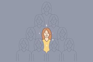 Smiling young woman stand out of grey crowd with unknown faces. Confident successful female feel optimistic and joyful among identical people. Vector illustration.