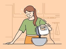 Smiling young woman whip with mixer cooking at home kitchen. Happy female enjoy preparing dessert on weekend. Hobby concept. Vector illustration.