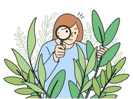 Happy woman look with magnifier examine plants outdoors. Smiling female botanist or researcher use magnifying glass excited about greenery. Vector illustration.