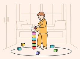 Cute little child playing with colorful blocks at home. Happy small boy kid have fun engaged in game with building bricks in living room. Vector illustration.