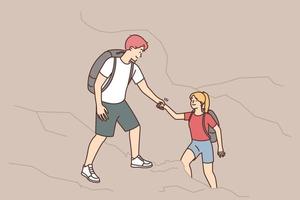 Caring young man climbing on mountain give hand help woman friend. Smiling male assist female hiking together. Friendship and mountaineering. Vector illustration.