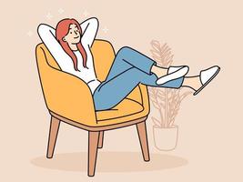 Happy girl sit in chair relaxing on weekend. Smiling young woman rest in armchair at home on leisure. Relaxation concept. Vector illustration.