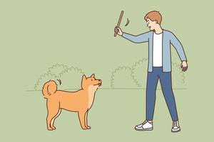 Smiling young man training with dog in park. Happy male with wood in hands teach commands with cute puppy outdoors. Vector illustration.