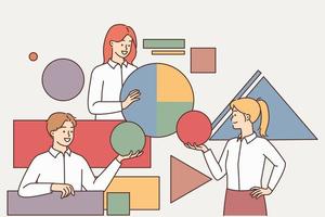 Diverse colleagues with geometric figures engaged in teambuilding in office. Businesspeople cooperate at workplace. Teamwork and collaboration. Vector illustration.