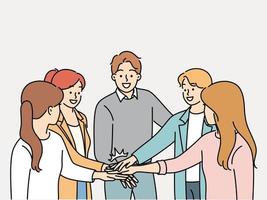 Smiling businesspeople stack hands in pile show unity and support at workplace. Happy colleagues involved in teambuilding in office. Teamwork. Vector illustration.