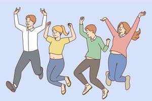 Overjoyed young people jump together celebrate success or victory. Smiling men and women have fun enjoy Friday night. Win and celebration. Vector illustration.