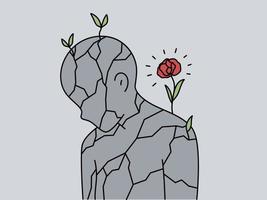 Flower growing on stone person suffering from loneliness or solitude. Broken human sculpture with rose blooming. Concept of life and hope. Rebirth. Vector illustration.